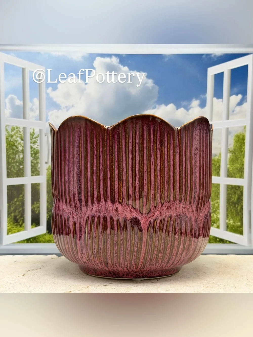 Ceramic Plant Pot with Drainage, 7 Inch Fluted Flower Planter, Pink Brown Glazed